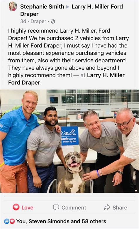 Miller Ford Draper our business is Driven by You Visit our Ford dealership in Draper, Utah for an exceptional car buying experience and world-class service. . Larry h miller ford draper reviews